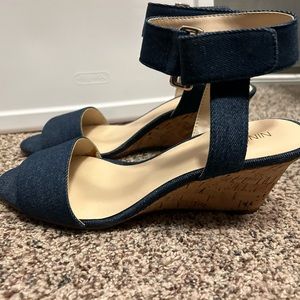 Nine West Riley denim cork wedge sandal, NWOT. Size 8M